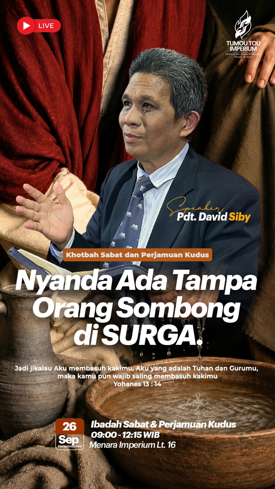 Flyer Sabat 26 Sep — Pdt. David Siby · Nyanda Ada Tampa Orang Sombong di SURGA · Yohanes 13:14