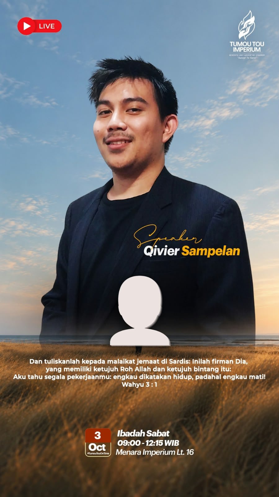 Flyer Sabat 3 Okt 2026 — Speaker Qivier Sampelan · Wahyu 3:1 · Ibadah Sabat 09.00–12.15 WIB · Menara Imperium Lt. 16