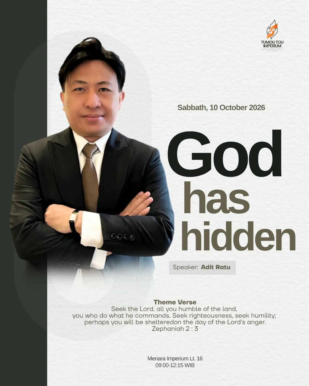 Flyer Sabat 10 Okt 2026 — God Has Hidden · Speaker Adit Ratu · Zefanya 2:3 · Menara Imperium Lt. 16 · 09.00–12.15 WIB