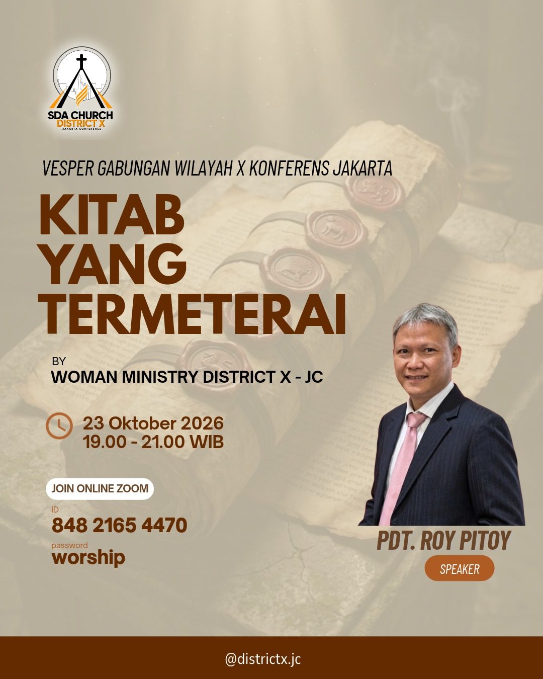Flyer Vesper Gabungan Wilayah X — Kitab Yang Termeterai · Pdt. Roy Pitoy · 23 Oktober 2026 19.00–21.00 WIB
