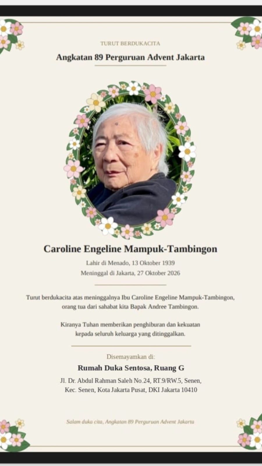 Kartu turut berdukacita untuk Ibu Caroline Engeline Mampuk-Tambingon, 13 Oktober 1939 – 27 Oktober 2026