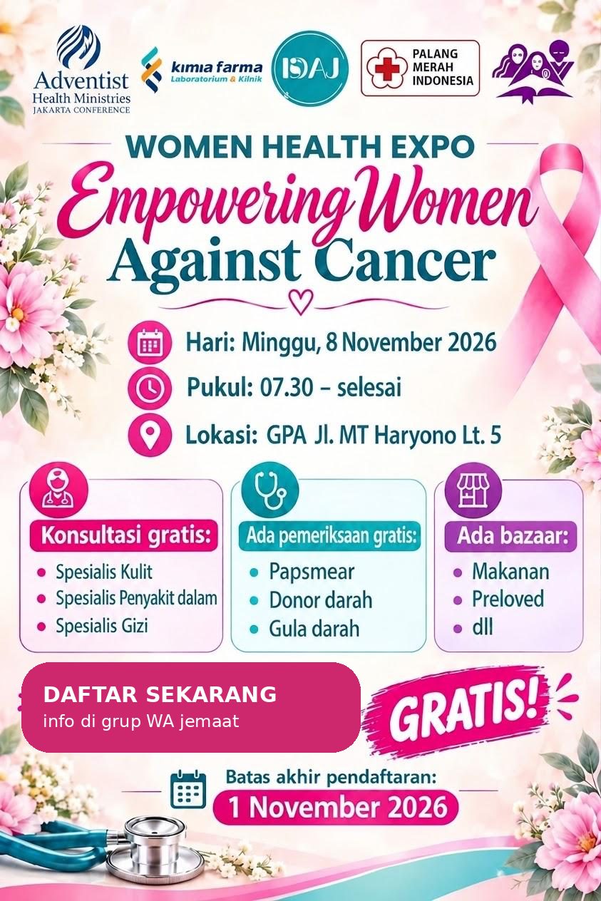 Flyer Women Health Expo — Empowering Women Against Cancer · Minggu 8 November 2026 · 07.30 · GPA Jl. MT Haryono Lt. 5